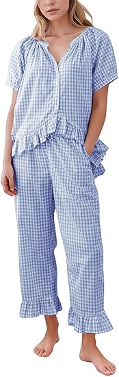 PHEMEA Women’s 2-Piece Gingham Pajama Set – Short Sleeve Babydoll Top & Ruffle Pants