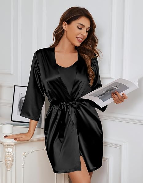 SAPJON Women’s 5-Piece Silk Pajama Set – Satin Robe, Cami, Shorts & Loungewear