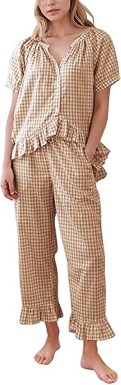 PHEMEA Women’s 2-Piece Gingham Pajama Set – Short Sleeve Babydoll Top & Ruffle Pants