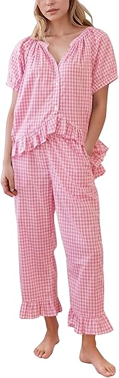 PHEMEA Women’s 2-Piece Gingham Pajama Set – Short Sleeve Babydoll Top & Ruffle Pants