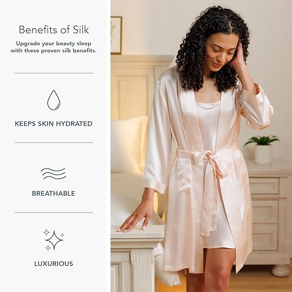 Women’s 100% Mulberry Silk Mid-Length Robe with Pockets – Luxury Loungewear