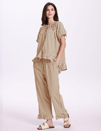 PHEMEA Women’s 2-Piece Gingham Pajama Set – Short Sleeve Babydoll Top & Ruffle Pants
