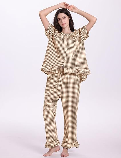 PHEMEA Women’s 2-Piece Gingham Pajama Set – Short Sleeve Babydoll Top & Ruffle Pants