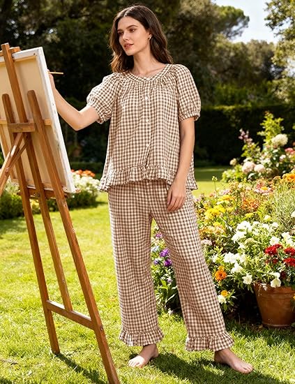 PHEMEA Women’s 2-Piece Gingham Pajama Set – Short Sleeve Babydoll Top & Ruffle Pants